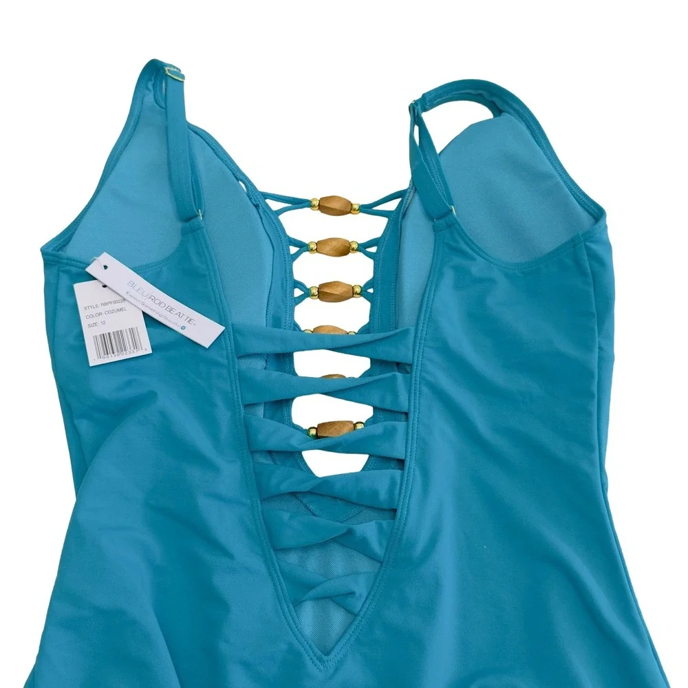 Bleu Rod Beattie Kore Lace Down One Piece Swimsuit Teeal Beaded Wmns Size 12 NWT